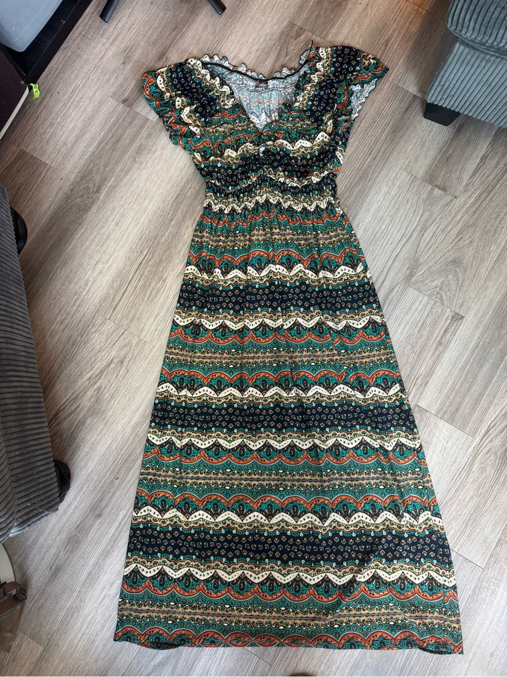 Chai Design Bohemian Paisley Mandala Smocked Maxi Dress Cap Sleeve Size M/L